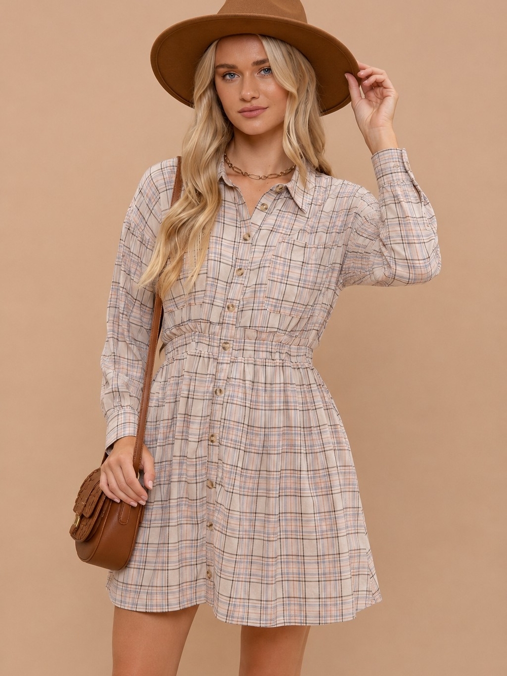 BLU PEPPER Beige Multi Plaid Collared Button Down Long Sleeve Dress
